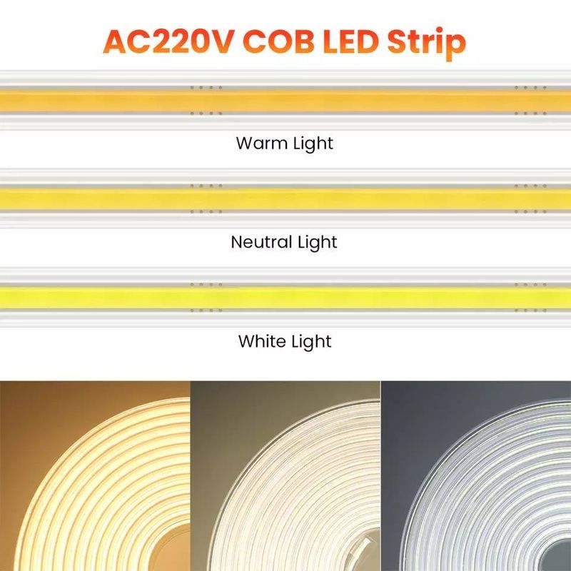 220V 280 LEDs/M COB LED Strip Lights White Warm Neutral White CE RoHS 100m 50m High Voltage 110V