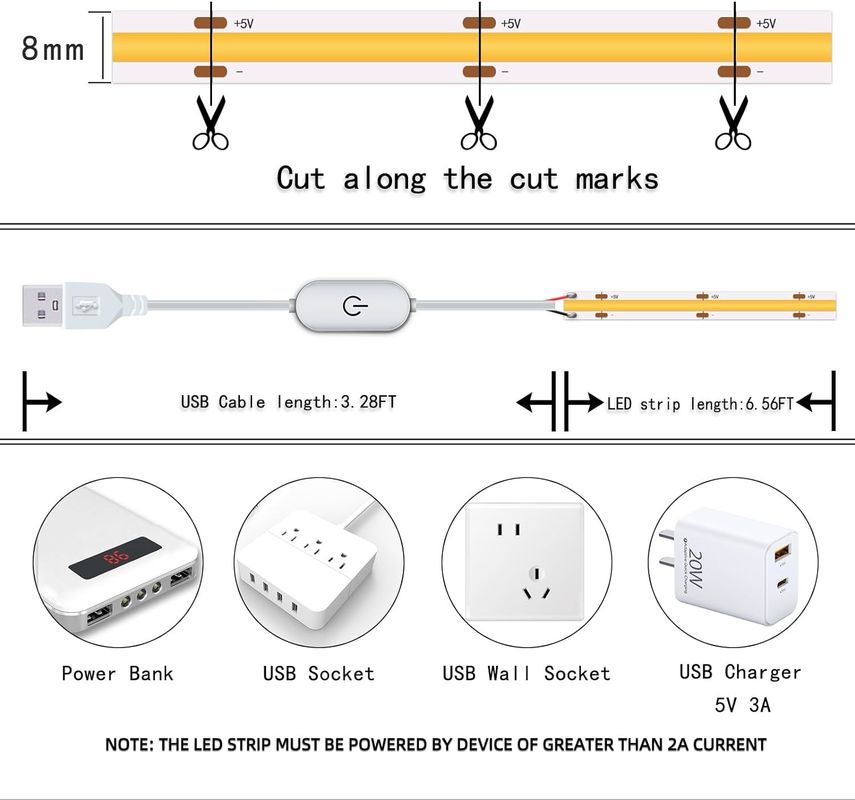 Hongtop COB Led Strip Lights 5V USB 6.56ft/2m 640LEDs Touch Stepless Dimmable 6000K White 13W