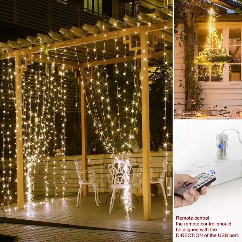 3500K Warm White LED Curtain Light for Bedroom Decorations 3x2.4m 240d USB Power Modes