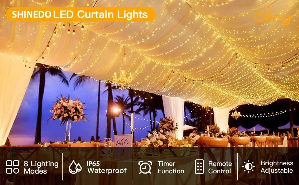 3500K Warm White LED Curtain Light for Bedroom Decorations 3x2.4m 240d USB Power Modes
